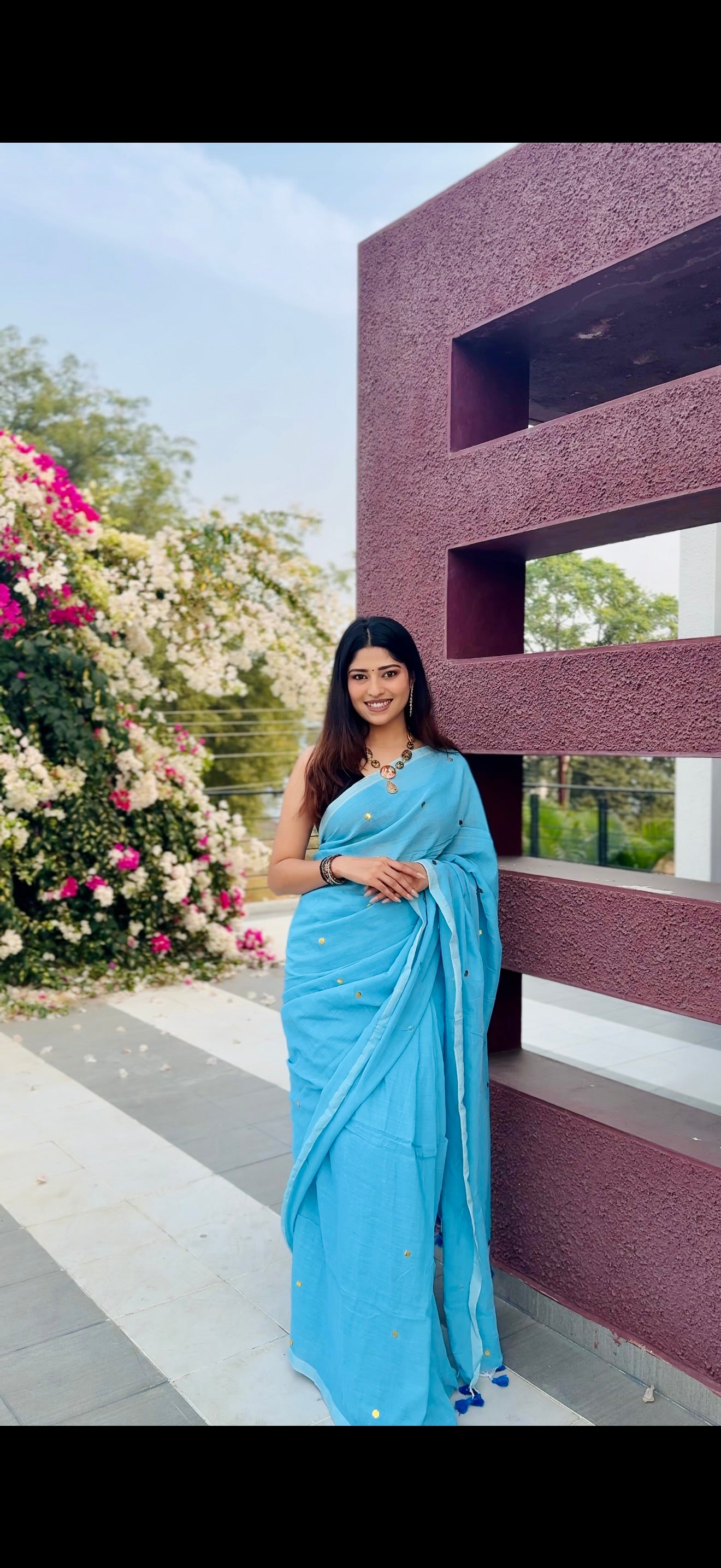 Rangdhaaga Sky Blue Sequence Cotton Saree